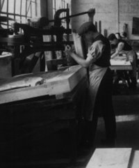 Inside the Brasted piano factory. Drilling the plank.