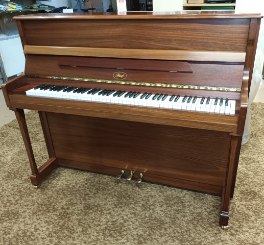 Ibach C116 upright piano in a satin mahogany finish.